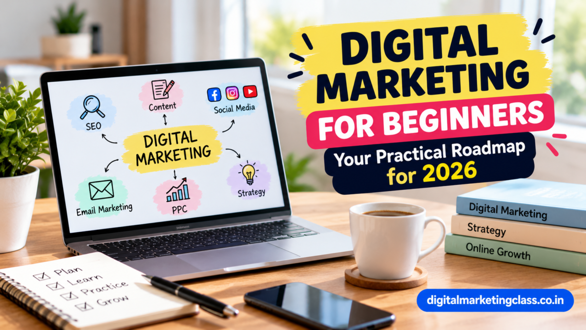 Digital marketing for beginners featuring a laptop with SEO, content marketing, social media, email marketing, PPC, and digital strategy illustrations.